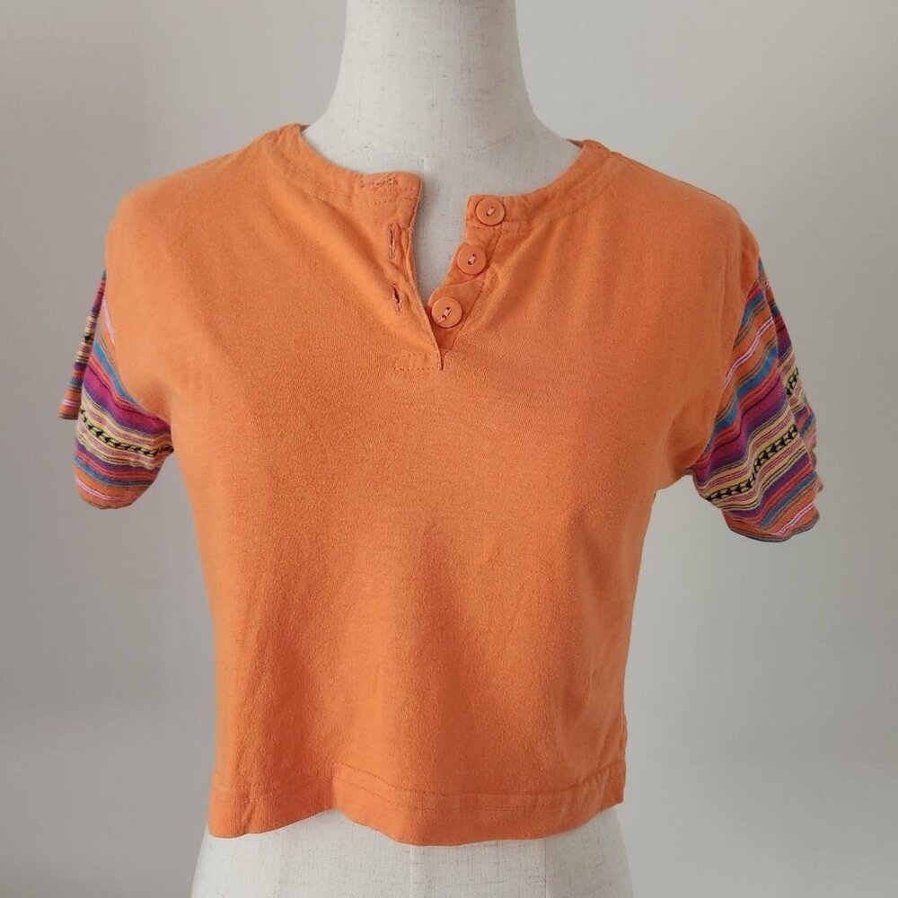Vintage 90s CHRISTIE BROOKS Bright Orange/Mutli Color Crop Top. GIRLS MEDIUM.
